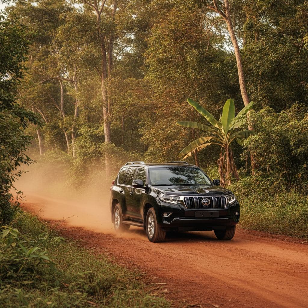 4x4 Toyota Prado avec chauffeur sur piste de latérite en Guinée
