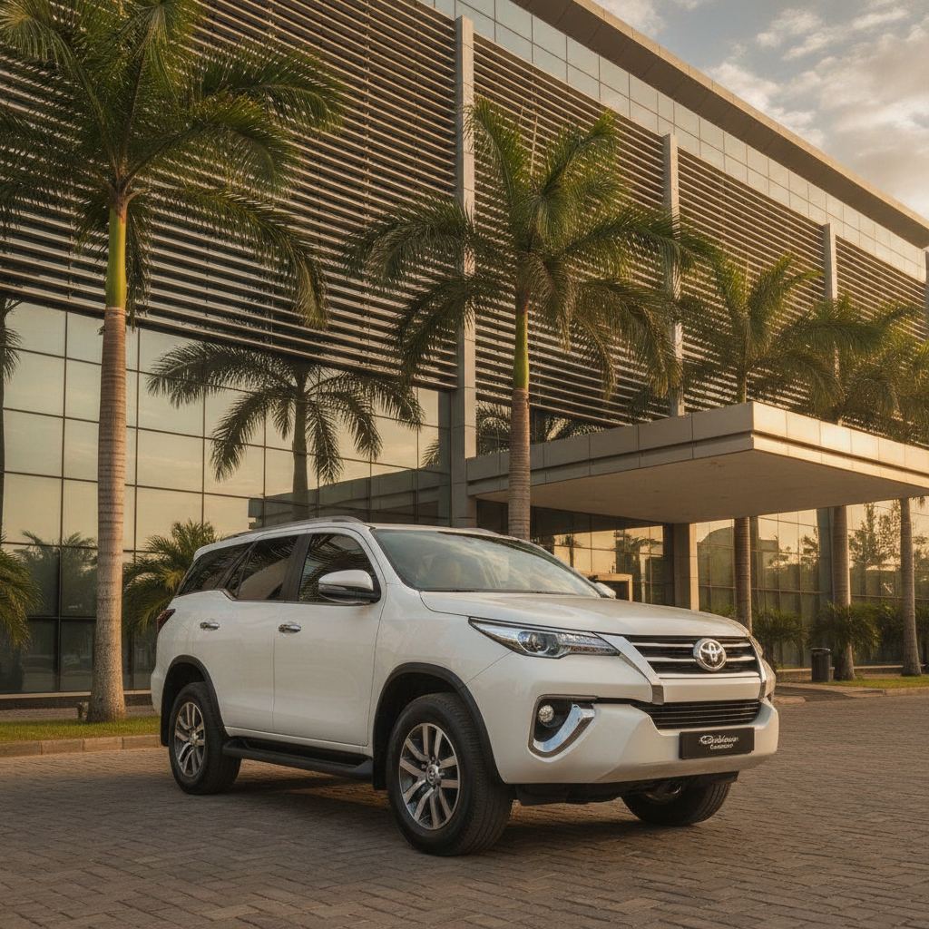 Location Toyota Fortuner avec chauffeur devant un hôtel de Conakry